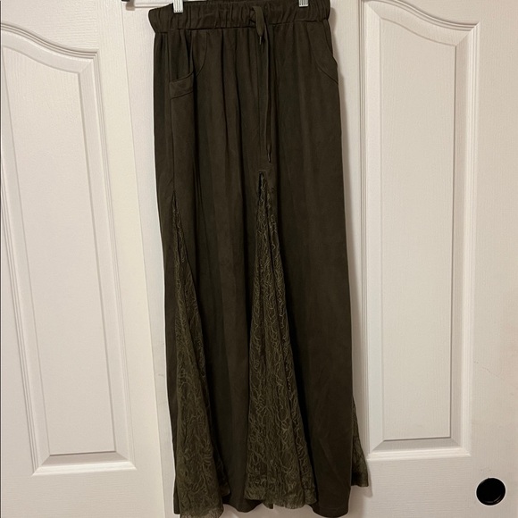 Dresses & Skirts - Olive Green Maxi Skirt with Lace Panels - Med